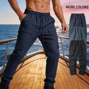 [ Summer Atmosphere ] Men's ice silk quick drying multi pocket work pants, drawstring waistband, breathable and skin friendly casual fashion trend versatile straight leg pants for summer