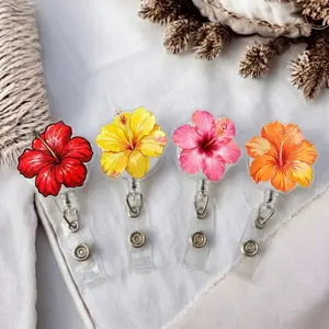 Tropical Hibiscus Flower Badge Reel And Phone Grip - Aesthetic Floral Retractable ID Holder - Cute Summer Scrub Accessory Gift