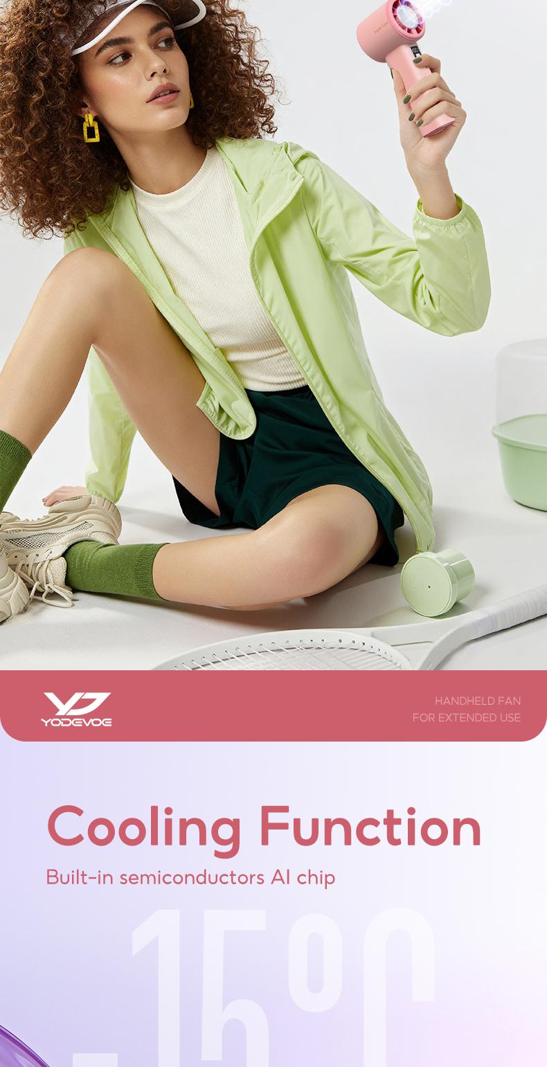 The Yodevoe 3-in-1 Mini Handheld Cooling Fan features 100 wind speeds and an icing function. This compact, foldable 3-in-1 neck/desktop/handheld fan has a pocket design, making it suitable for travel, summer, concerts, and even for casual use.