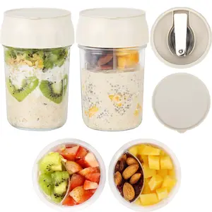 LUVPICKS Overnight Oats Containers with Lids, Folding Spoons, and Divided Compartments for Fruit & Nuts, Small Glass 16oz Mason Jars for Oatmeal Yogurt Parfait