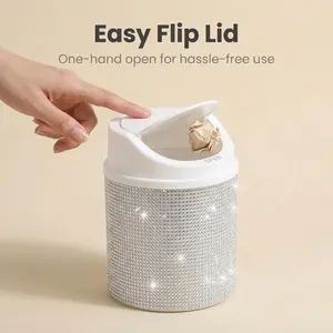 1pc Desktop Trash Can with Rhinestones, Luxurious Shiny Lid Paper Holder, Office Desk Makeup Table Bedroom Countertop Waste Bin