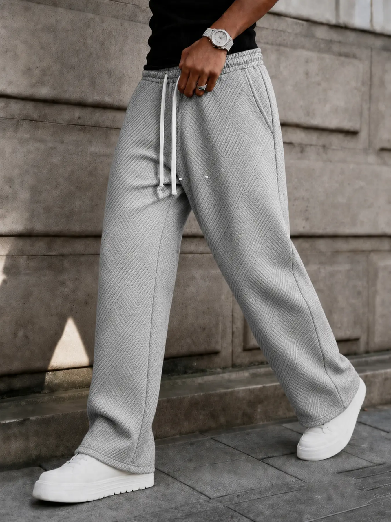 Men's Straight Leg Sweatpants for Back to School Textured Knit Drawstring Waist Casual Lounge Pants