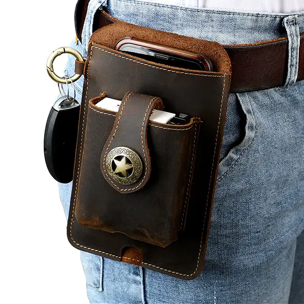 Men's Genuine Leather Crossbody Fanny Pack - Scratch-Resistant Waist Bag with Phone Pocket, Golden-Tone Hardware, Belt Loop System, Secure Zipper Closure, Concealed Belt for Outdoor, Gym Use (Fits Smartphones, Keys)