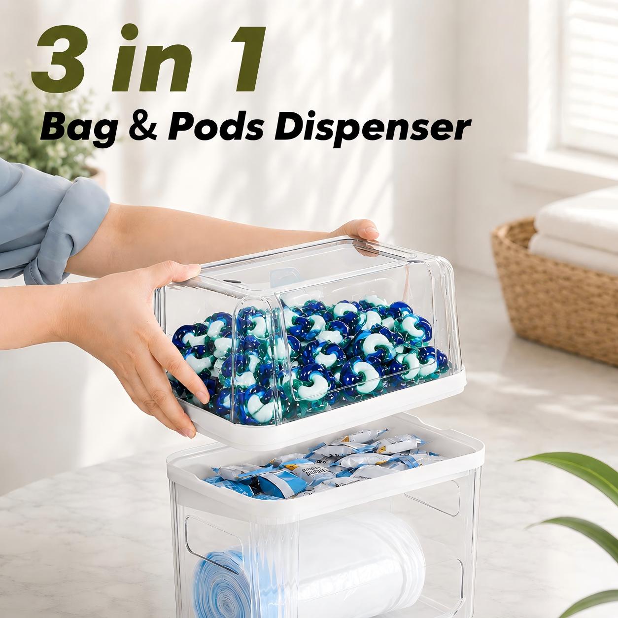 AIR U 3-in-1 Dustproof Compartment Container - Cabinet Box for 13/30/33 Gal Trash Bags, Dishwasher Pods, Laundry Detergent Tabs, Under Sink Organizer for Kitchen & Laundry Room (Dustproof Storage Boxes Line), Transparent