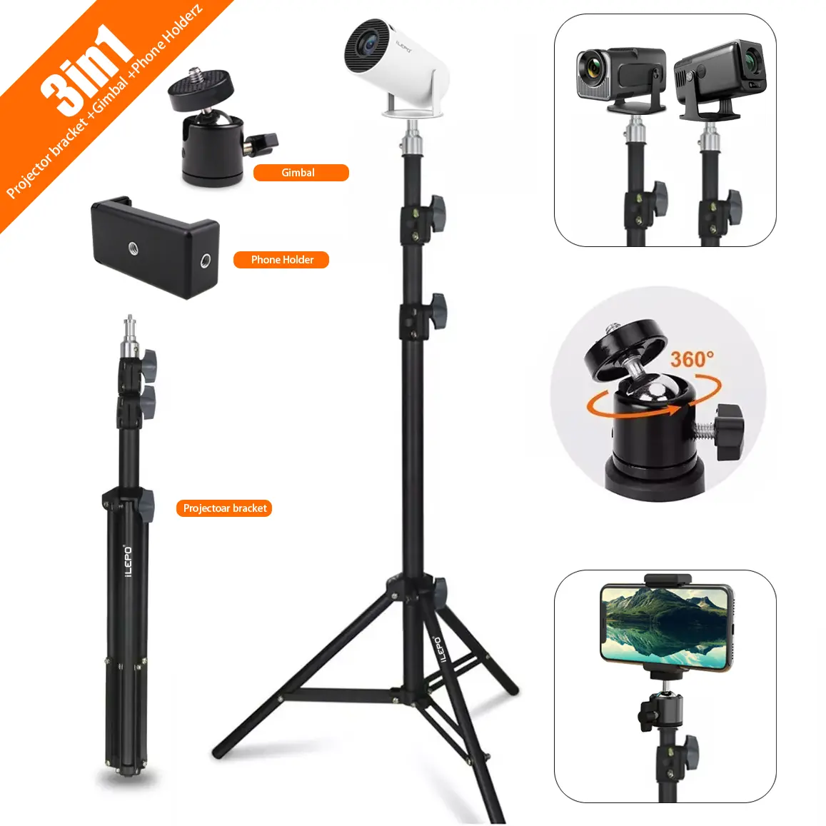Portable Projector Tripod Stand - 165cm Height, Thickened Cold-Rolled Metal Tube, High Hardness, Sturdy Floor Stand, Easy Assembly, Multi-Angle Adjustment, 4/1 Standard Screw Hole, Compatible with Camera, Mobile Phone Holder Accessories