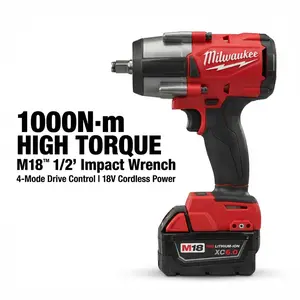 Milwaukee M18 FMTIWF12 18V High-Torque Impact Wrench, 1000Nm Torque, 1/2" Square Drive, Adjustable Speed, Ideal for M24 High-Strength Bolts