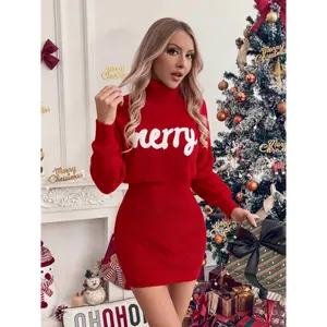 ChromaChic LEE Christmas Elegant Dress Solid Red High Neck Bodycon Merry Letter Embroidery Perfect Gift For Her Womenswear
