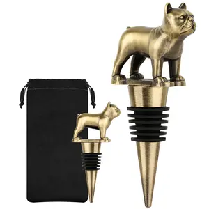 Vintage Metal French Bulldog Wine Stopper, Kitchen Bar Tool with Bag, Decorative Bottle Opener, Single Pack, Retro Design