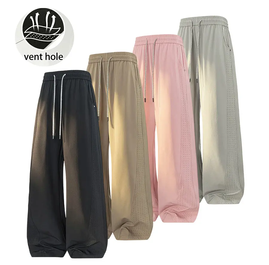 Breathable ice silk wide-leg pants with side perforations and ankle cuffs, two ways to wear; drawstring elastic high waist that elongates and slims; highly stretchy, drapey fabric for outdoor casual wear, versatile quick-dry pants.