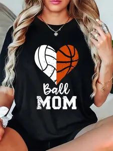 100% Cotton Ball Mom Heart Funny Volleyball Basketball Mom T-Shirt