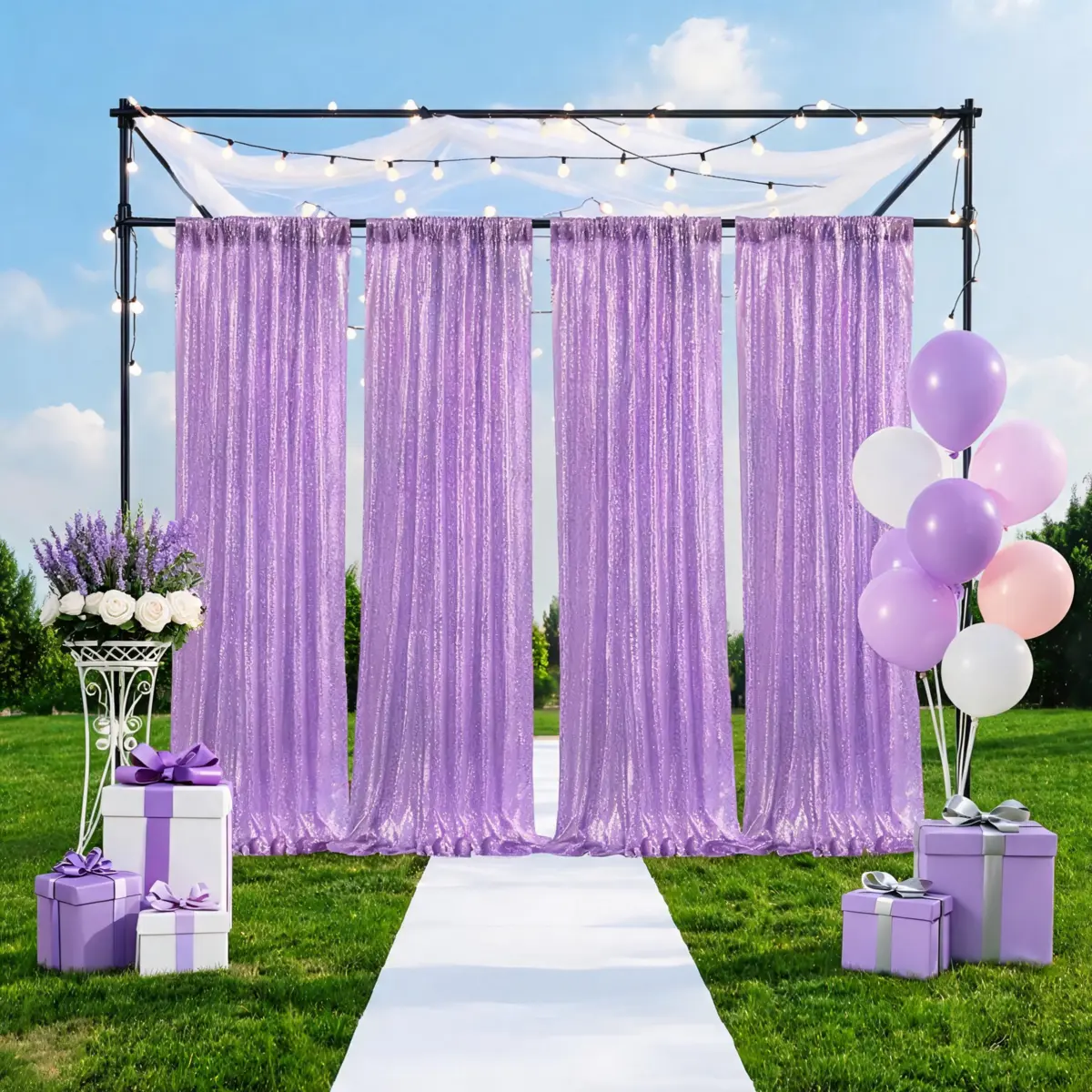 Lavender Sequin Round Hanging Banner Backdrop Curtain, 8-Panel 2x8ft for Ballet Recital Photography Studio, Wedding & Birthday Decor