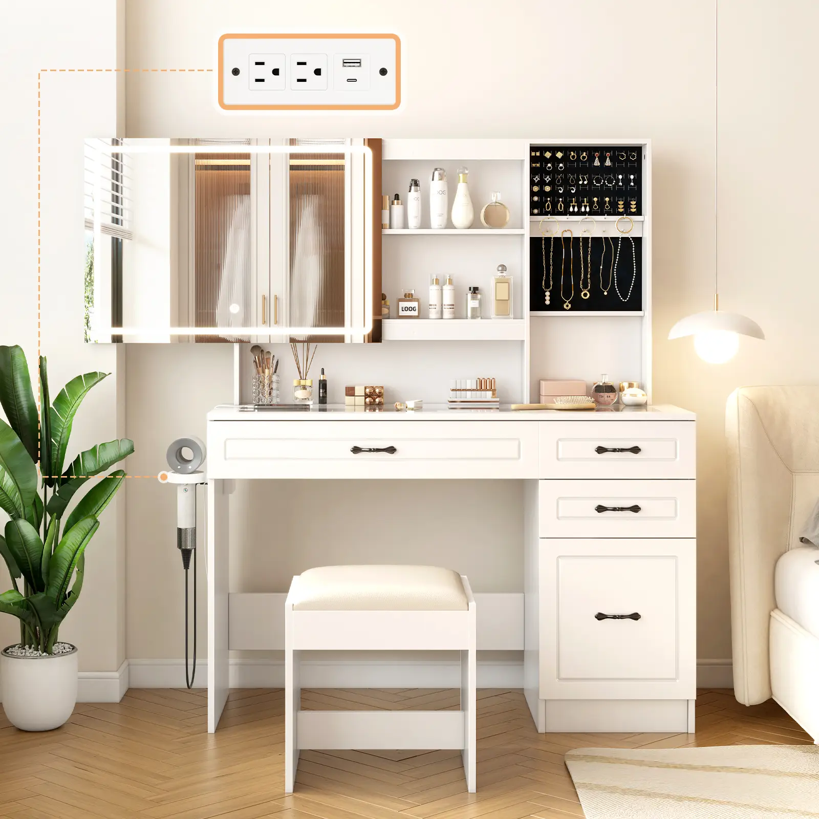 AMERLIFE Makeup Vanity Table Set with Sliding & LED Lighted Mirror, 45" Large Vanity with Charing Station, 4 Drawers & Multiple-Tiers Storage Dresser,