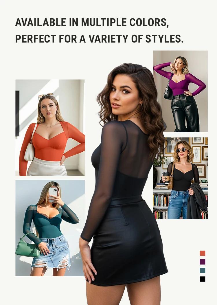 FeelinGirl Women's Mesh Bodysuit Fitted Chic Basic Medium Length Long Sleeve Top & Comfortable Underwear for Fall SummerVibes