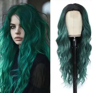 Long Green Wig for Women 26Inch Wavy Curly Ombre Green Hair Wigs Synthetic Hair Replacement Wig Heat Resistant Hair Wig for Daily Party Use(26'' green)