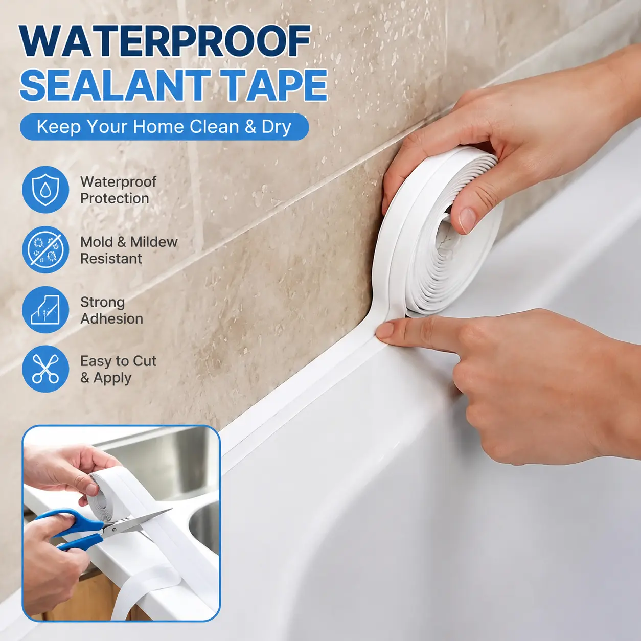 Self Adhesive PVC Caulk Tape, Waterproof Sealant Strip for Bathroom & Kitchen Sink, Flexible Gap Sealing Tape with Strong Adhesion, Mold Resistant Edge Protection Strip, Peel and Stick Waterproof Tape for Countertop Bathtub Wall Sealing