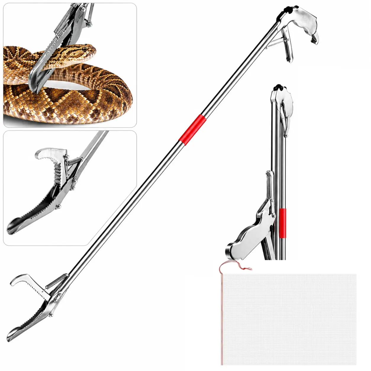 Stainless Steel Foldable Trash Trap Tool - 1-Piece Multipurpose Safe Handling Tool with Extended Lobster Claw Handle for Reptiles, Amphibians, Snakes, Limited Mobility Individuals