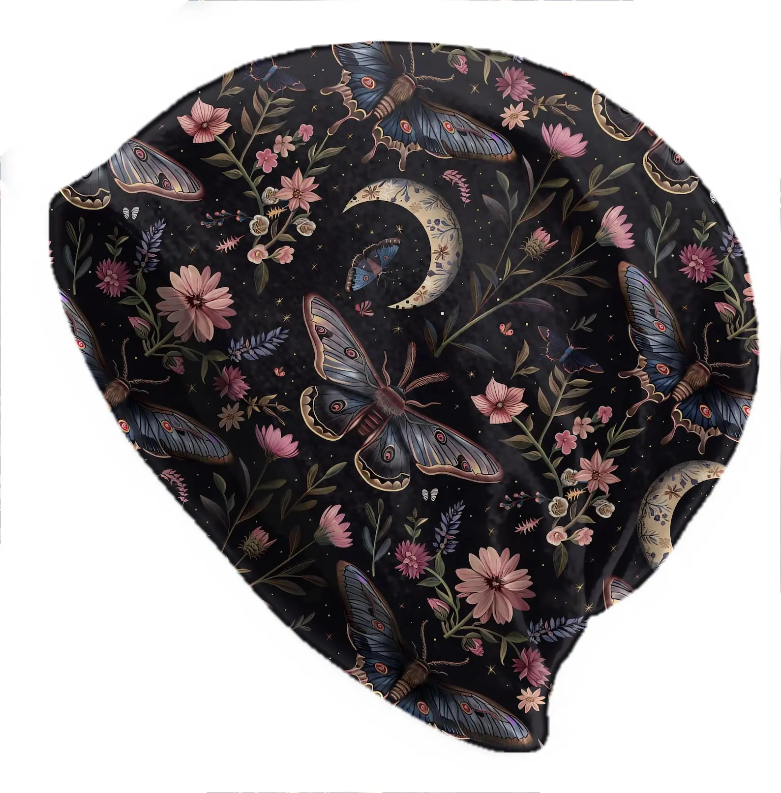 Slouchy Moth Moon Garden Bonnet Skull Cap Beanie – Soft Double-Layer Thin Hat for Men and Women – Floral Night Sky Aesthetic Gift, Skully