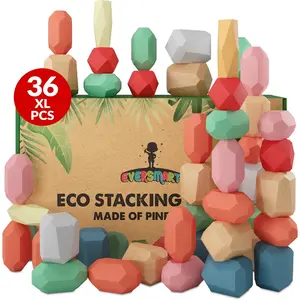36 Pcs Wooden Stacking Blocks Montessori Toys for 1 2 3 4 5 6 Year Old Toddlers Kids XL Rocks No Choking Hazard Sensory STEM Building Stones for Girls and Boys