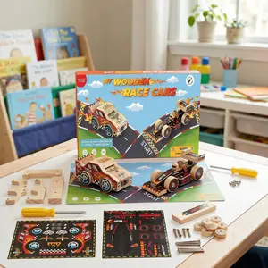 DIY Wooden Race Car with Stickers (Open & Closed Wheel Type)