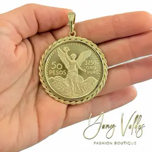 Fashion Boutique 50 Pesos Moneda Mexican Centenario Pendant Yellow Gold Plated. (It's not real gold)