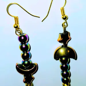 Handmade Rainbow Oil Spill Hemitite Beads Moon and StarsAccen5 Beads Hook Pierced Earrings