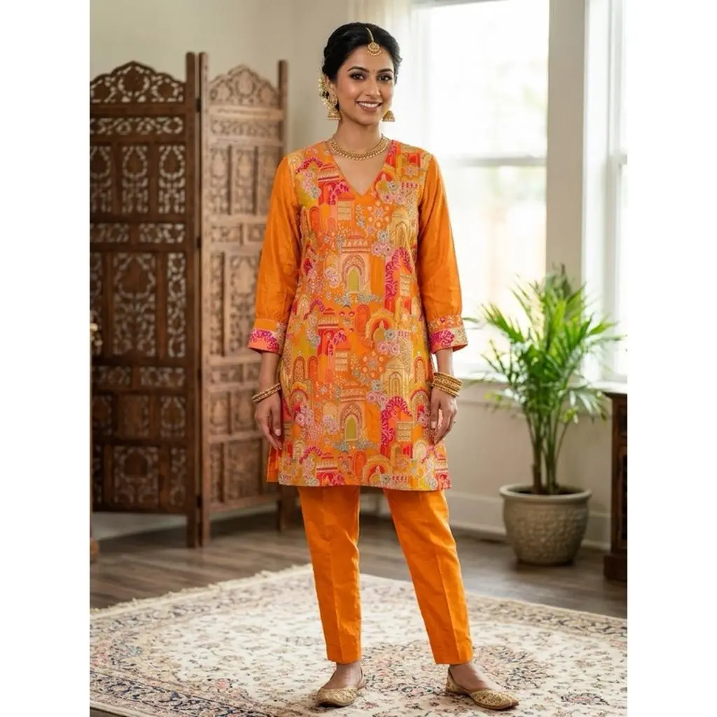 Women's Printed Kurta Set with Trousers Elegant Ethnic Two-Piece Outfit Casual V-Neck Kurti Traditional Festive Wear in M L XL XXL Sizes