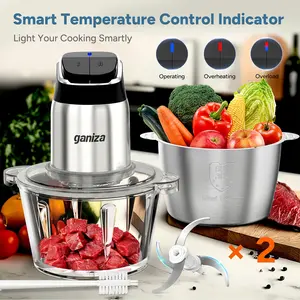 Ganiza Food Processor with 8 Cup Glass Bowls & 8 Cup Stainless Steel 2-Speed Food Chopper Meat Grinder Upgraded Button & Smart Overheat Protection Light - Includes Clean Brush 2 Sets of Blades Kitchen Vegetable Cutter Kitchen Appliances