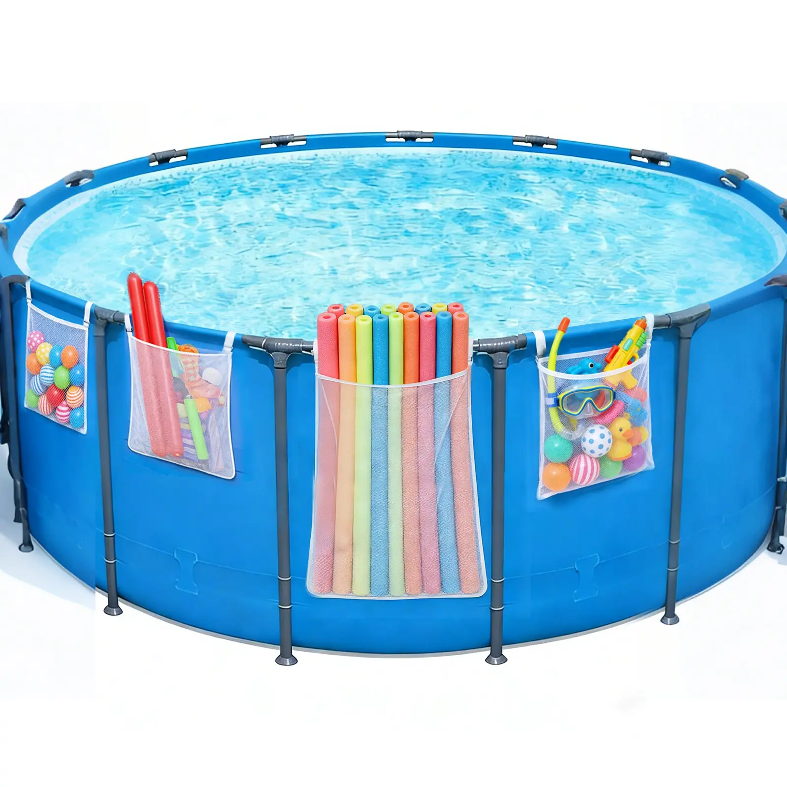 Patent Design Adjustable Strap Poolside Mesh Storage Bag, Easy Installation Ground Pool Hanging Organizer, Ideal for Toys, Floats, Beach Balls