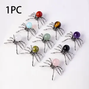 Natural Crystal Ball Spider Ornament, Handmade Alloy Spider DIY Reiki Gemstone Decoration, Halloween & July 4 Gift for Women & Dads, Natural Crystal Sphere