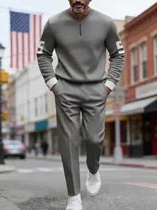 Men's 2-Piece Tracksuit Set Stand Collar Half-Zip Top with Number Print Slim Fit Casual Jogging Outfit