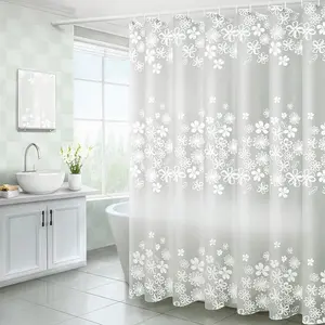1pc PEVA Bathroom Shower Curtain Liner, Plastic Whtie Flower Bath Shower Curtain, Mildew Resistant, Waterproof, PEVA Shower Curtain Liner With Plastic Hooks And Metal Grommets, Sturdy, Bathroom Accessories, Room Accessories Home Bathroom Decor Fall Decor