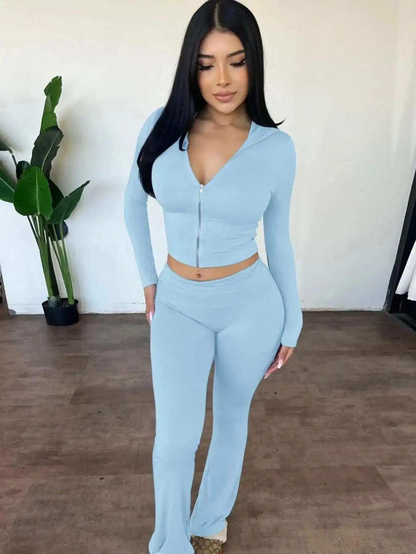 Women's Effortless Solid Knitting Zip Up Zipper Hooded Crop Tight Hoodie & High Waist Flare Leg Pants Set, Casual Long Sleeve Top & Bell Bottom Trousers, Ladies Spring & Fall Fashion Clothes Womenswear
