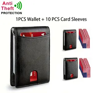 Minimalist Ultra-Thin Wallet for Men with ID Window 10 PVC Card Sleeves RFID Blocking Multi-Functional Money Clip Large Capacity Front Pocket Purse