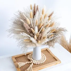 Pampas Grass with White Ceramic Vase and Bead Garland, Boho Home Decor Bouquet for Wedding Floral Arrangements