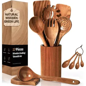 Wooden Spoons for Cooking, Nonstick Kitchen Utensils Set with 4 count Measuring Spoons, Comfort Grip Wooden Spatula Set, 9 count Teak Wooden Cooking Utensils with Holder and Spoon Rest