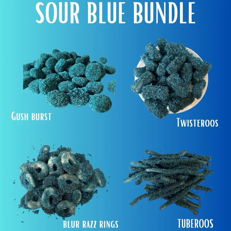 Sour Blue Chewy Candy Bundles - Gushez, Gummy Rings, TWISTEROOS, Tuberoos Sweet Snack Bonbon (8oz)