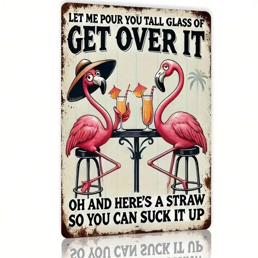 Vintage Style Tropical Humor Multicolor Retro Flamingo Metal Sign - 8x12 in Iron Wall Art - Beach Art Design Speciality Plaques & Signs - Home Bar Decor Gift