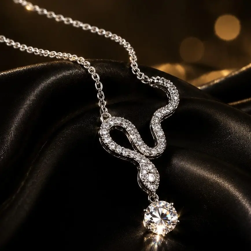 Women's Silver-Plated Cubic Zirconia Snake Pendant Necklace - Dainty Serpent Choker, Hypoallergenic & Skin-Friendly Female Jewelry for Anniversary, Birthday, Formal Nights