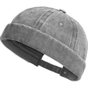 Washed Cotton Brimless Hats for Men Vintage Docker Beanie Cap Rolled Cuff Skullcap
