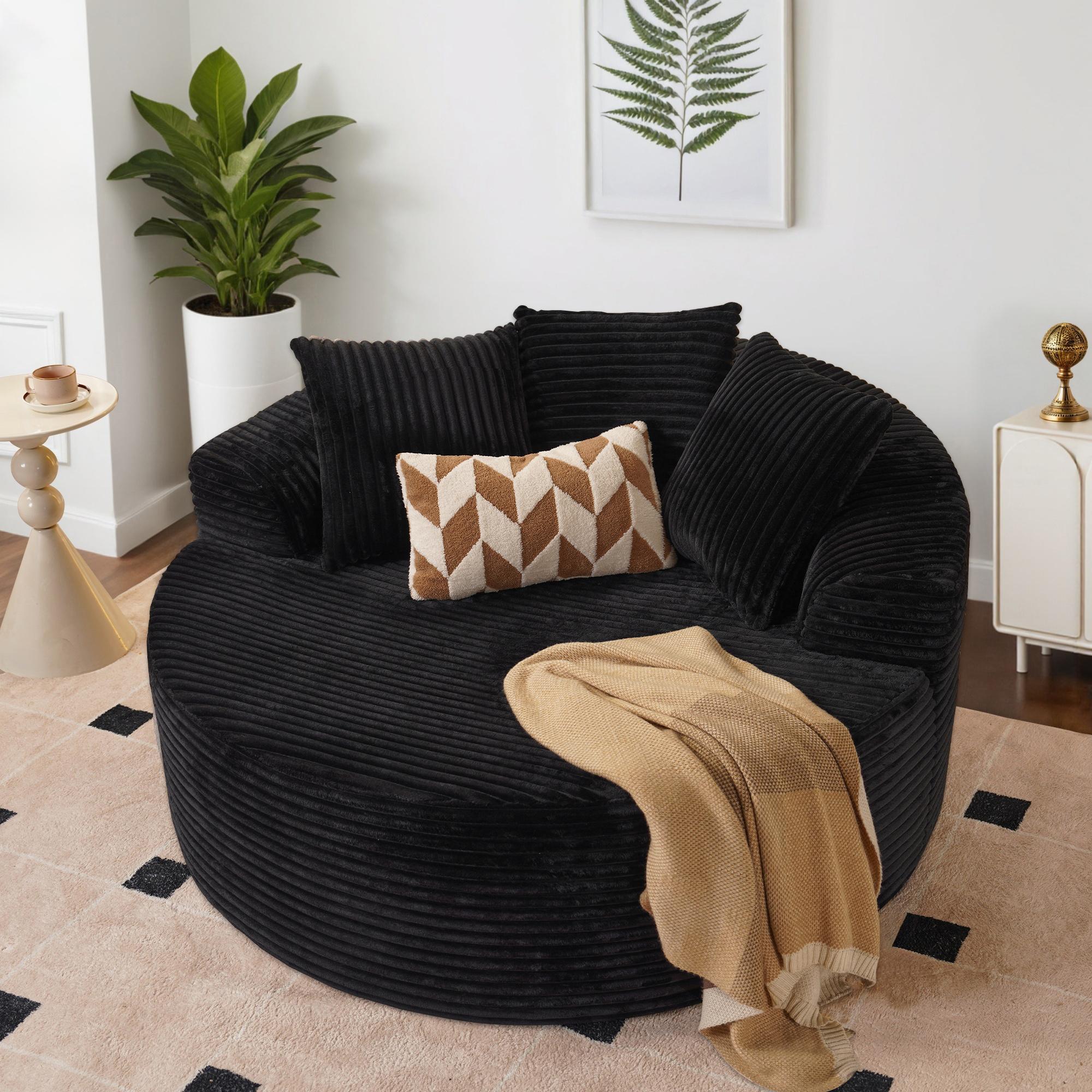 【Stock Up Sale】Ovios 59" W Oversized Round Sofa Bed - Fluffy Lazy Bean Bag, Modern Deep Seat Couch for Relaxation, Plush Corduroy Fabric, 3 Pillows Included, No Assembly Required