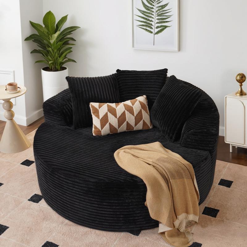 【Fall Deals For You】Ovios 59" W Oversized Round Sofa Bed - Fluffy Lazy Bean Bag, Modern Deep Seat Couch for Relaxation, Plush Corduroy Fabric, 3 Pillows Included, No Assembly Required