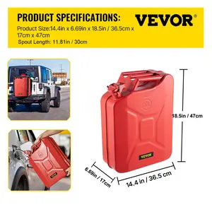 VEVOR Jerry Fuel Can, 5.3 Gallon/ 20 L Portable Jerry Gas Can with Flexible Spout System, Rustproof Heat-resistant Steel Fuel Tank for Cars Trucks Equipment, Red