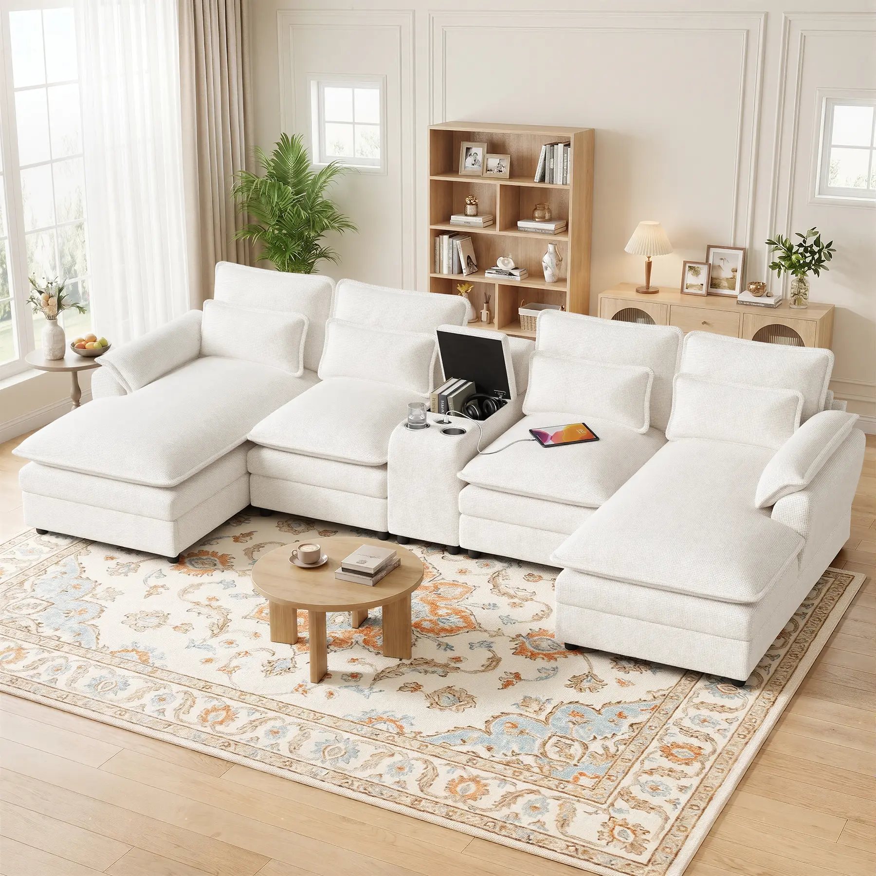 134" U Shaped Modular Sectional Sofa, Oversized Cloud Couch with Double Chaise Lounge, Storage Console, Cup Holders & USB Port, Comfy Chenille Deep Seat Couch Set for Living Room