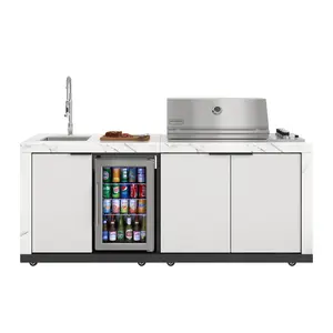 83 in. Outdoor Kitchen Suite with White Stone Counters and Sides, 4-Burner Grill, Stainless Steel Sink and Faucet (KM-OKS-3585)