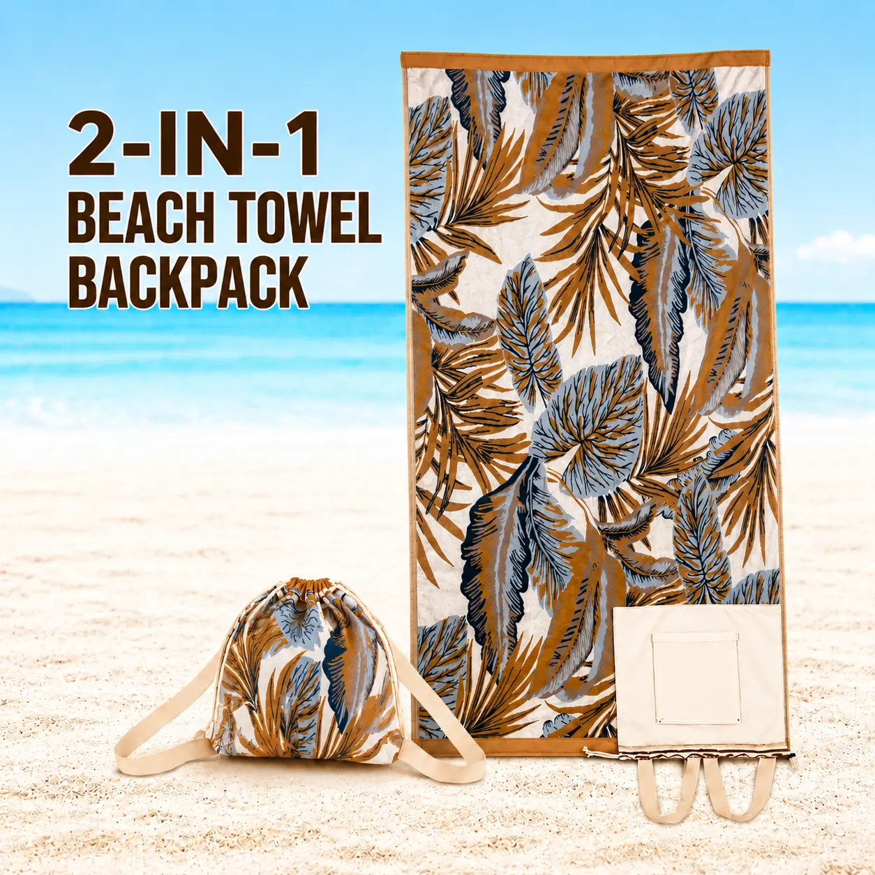 2-in-1 Beach Towel Backpack – Organic Cotton Sand-Free Travel Beach Blanket with Drawstring Bag | Lightweight Outdoor Picnic & Travel Essential