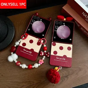 PU leather polka dot pattern Protective phone case, pompoms, bracelet, hard PC back panel protection for phone case suitable for Samsung Galaxy Z Flip 7 7FE 6 5 Accessories