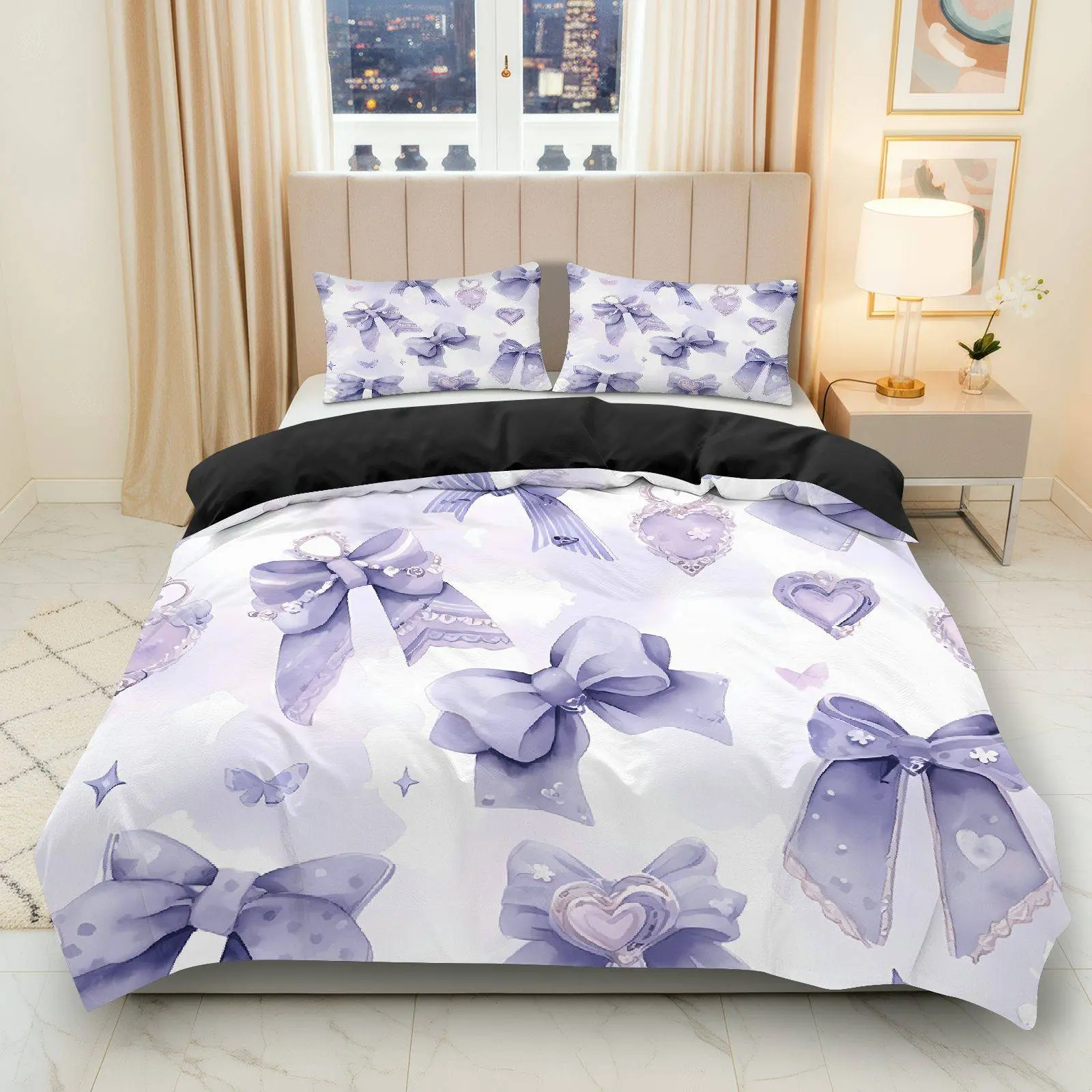 3PCS Duvet Cover Set, 1 Duvet+2 Pillowcases(Without filler), Purple Bow Heart Lace Fantasy theme, Christmas bedding set, Romantic Elegant Home Textile Suitable for decoration Bedroom Apartment Dormitory Hotel.