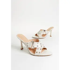 JUSTFAB Women's Open-Toe Heeled Slides - Slip-On Buckle Footwear, Summer Mules for Walking and Dancing, Women's Shoes with Heels Fashionable Slingback Sandals Classic