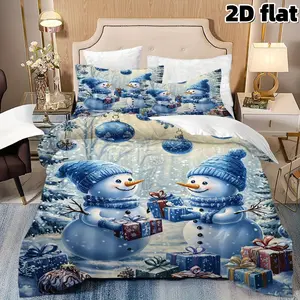 2D Flat 3Pcs Christmas Snowman Bedding Winter Holiday Blue Duvet Cover Microfiber Bedsheet with Pillowcases Xmas Gift Bedroom Home Decoration Festive Bedding Collection Decorative Bedding Set Christmas gift