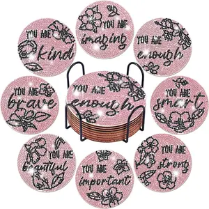 DIY Round Slogan Pattern Diamond Painting Coaster Kit, 8 Counts Language Pattern Coaster for Home Decoration & Gift, Kitchen Coasters